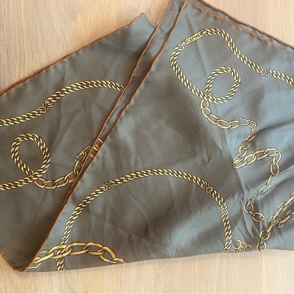 Celine taupe and Gold Chain Scarf BANDANA IN SILK TWILL - Picture 1 of 7